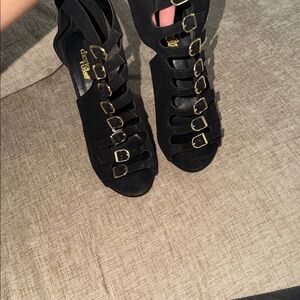 Charlotte Russe Black Strappy Heeled Sandals with Gold Buckles